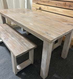 6ft Classic Farmhouse Table with Benches (White Wash Walnut, Distressed White)