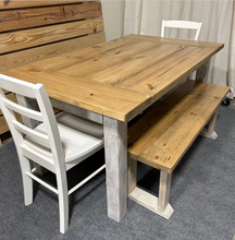 Load image into Gallery viewer, Farmhouse Dining Table with Benches and Chairs, Special Walnut, Dark Distressed Antique White, 5ft Kitchen Table Set
