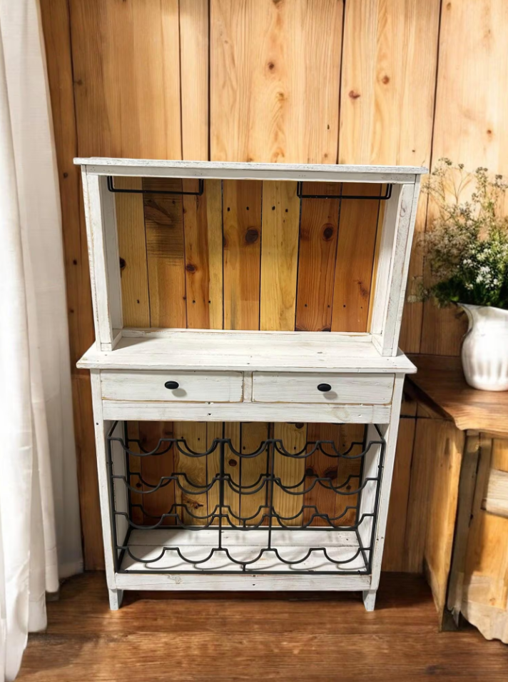 Rustic Wine Hutch - Distressed White - Rekindled Pallet Wood - Wine Rack and Storage - Rustic Farmhouse Style