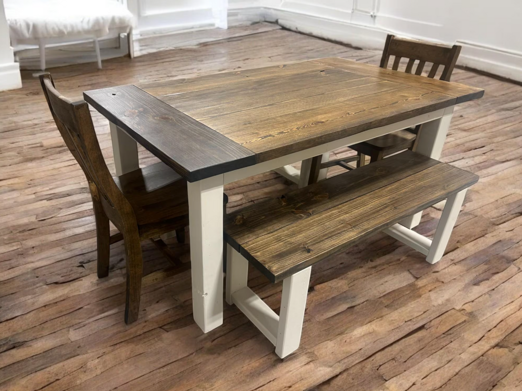 5ft Farmhouse Table With Benches And Chairs - Dark Walnut, Antique White - Small Wooden Dining Table - Rustic Feel