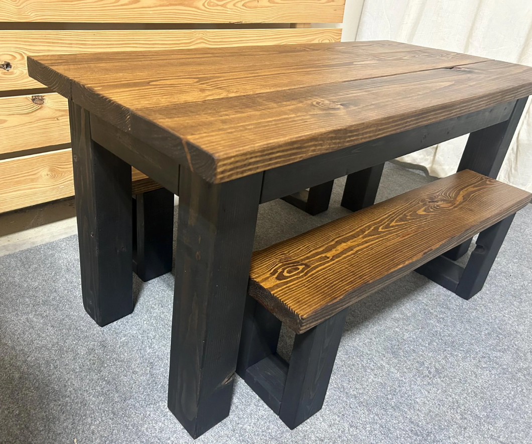 Kid's Farmhouse Style Table - Black and Provincial Brown - Playroom Furniture - Child's Dining Table Set with Benches