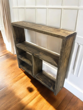 Load image into Gallery viewer, Rustic Narrow Farmhouse Shelving Unit, Distressed Minwax Dark Walnut, Versatile Console Table, Display Shelf, Entertainment Stand, Storage
