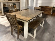 Load image into Gallery viewer, 5ft Farmhouse Table With Benches And Chairs - Dark Walnut, Antique White - Small Wooden Dining Table - Rustic Feel
