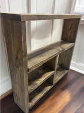 Load image into Gallery viewer, Rustic Narrow Farmhouse Shelving Unit, Distressed Minwax Dark Walnut, Versatile Console Table, Display Shelf, Entertainment Stand, Storage
