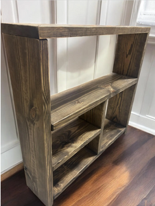 Rustic Narrow Farmhouse Shelving Unit, Distressed Minwax Dark Walnut, Versatile Console Table, Display Shelf, Entertainment Stand, Storage