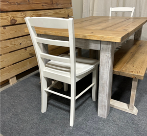 Farmhouse Dining Table with Benches and Chairs, Special Walnut, Dark Distressed Antique White, 5ft Kitchen Table Set