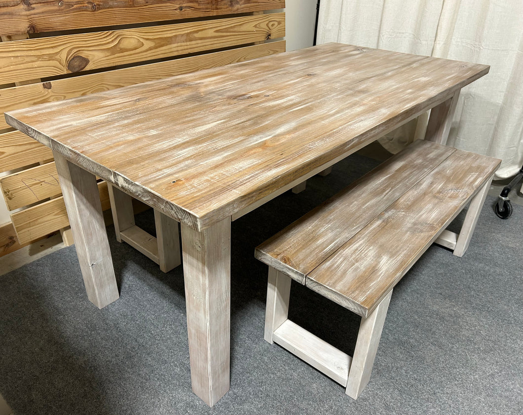 6ft Classic Farmhouse Table with Benches (White Wash Walnut, Distressed White)