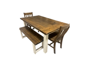 5ft Farmhouse Table With Benches And Chairs - Dark Walnut, Antique White - Small Wooden Dining Table - Rustic Feel