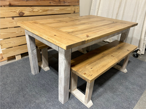 Farmhouse Dining Table with Benches and Chairs, Special Walnut, Dark Distressed Antique White, 5ft Kitchen Table Set