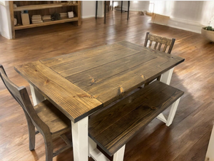 5ft Farmhouse Table With Benches And Chairs - Dark Walnut, Antique White - Small Wooden Dining Table - Rustic Feel