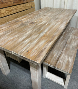 6ft Classic Farmhouse Table with Benches (White Wash Walnut, Distressed White)