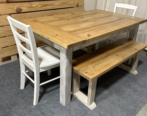 Farmhouse Dining Table with Benches and Chairs, Special Walnut, Dark Distressed Antique White, 5ft Kitchen Table Set