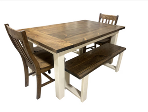 5ft Farmhouse Table With Benches And Chairs - Dark Walnut, Antique White - Small Wooden Dining Table - Rustic Feel