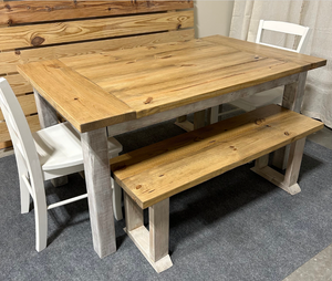 Farmhouse Dining Table with Benches and Chairs, Special Walnut, Dark Distressed Antique White, 5ft Kitchen Table Set