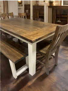 5ft Farmhouse Table With Benches And Chairs - Dark Walnut, Antique White - Small Wooden Dining Table - Rustic Feel