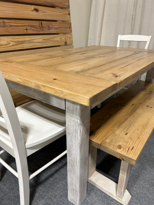 Farmhouse Dining Table with Benches and Chairs, Special Walnut, Dark Distressed Antique White, 5ft Kitchen Table Set