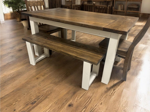 5ft Farmhouse Table With Benches And Chairs - Dark Walnut, Antique White - Small Wooden Dining Table - Rustic Feel