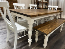 Load image into Gallery viewer, 6ft Turned Leg Farmhouse Table with Chairs and Bench (White, Provincial)
