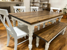 Load image into Gallery viewer, 6ft Turned Leg Farmhouse Table with Chairs and Bench (White, Provincial)
