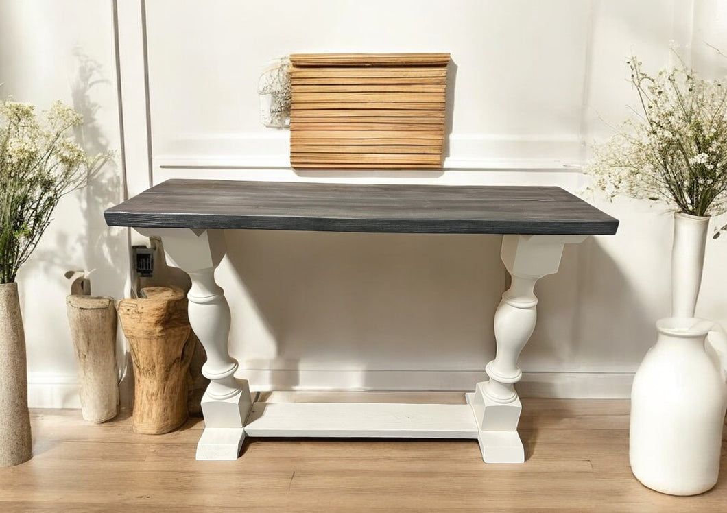 Farmhouse Entryway Table - Console, Sofa Table - Antique White, Carbon Gray Whitewash Top - Wooden Rustic Farmhouse Style