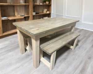 Small Dining Table Set with Table and Benches - Simply White and Gray Whitewash - Wooden Kitchen Table Set