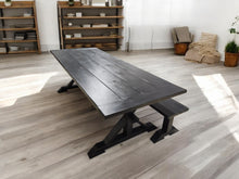 Load image into Gallery viewer, Black Modern Trestle Farmhouse Table, With Benches, Stained True Black, Dining Table or Kitchen Table Set
