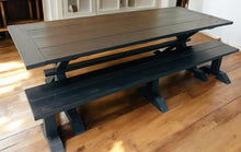 Load image into Gallery viewer, Black Modern Trestle Farmhouse Table, With Benches, Stained True Black, Dining Table or Kitchen Table Set
