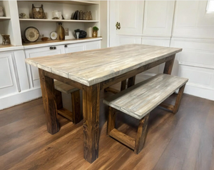 Narrow 6ft Dining Table Set - Rustic Farmhouse Style - With Benches - Provincial Brown with Gray Whitewash Top - Wooden Kitchen Table