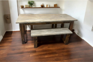 Narrow 6ft Dining Table Set - Rustic Farmhouse Style - With Benches - Provincial Brown with Gray Whitewash Top - Wooden Kitchen Table