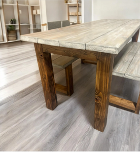 Narrow 6ft Dining Table Set - Rustic Farmhouse Style - With Benches - Provincial Brown with Gray Whitewash Top - Wooden Kitchen Table