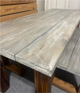 Narrow 6ft Dining Table Set - Rustic Farmhouse Style - With Benches - Provincial Brown with Gray Whitewash Top - Wooden Kitchen Table