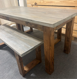 Narrow 6ft Dining Table Set - Rustic Farmhouse Style - With Benches - Provincial Brown with Gray Whitewash Top - Wooden Kitchen Table