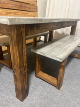 Load image into Gallery viewer, Narrow 6ft Dining Table Set - Rustic Farmhouse Style - With Benches - Provincial Brown with Gray Whitewash Top - Wooden Kitchen Table
