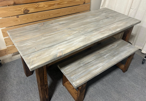 Narrow 6ft Dining Table Set - Rustic Farmhouse Style - With Benches - Provincial Brown with Gray Whitewash Top - Wooden Kitchen Table