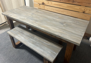 Narrow 6ft Dining Table Set - Rustic Farmhouse Style - With Benches - Provincial Brown with Gray Whitewash Top - Wooden Kitchen Table