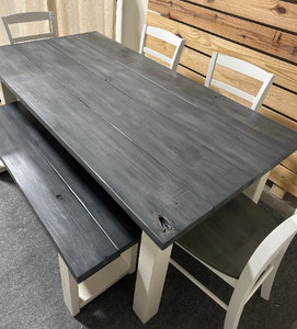 Dining Table Set with Chairs and a Bench - Carbon Gray White Wash - Antique White - Farmhouse Style Dining Table