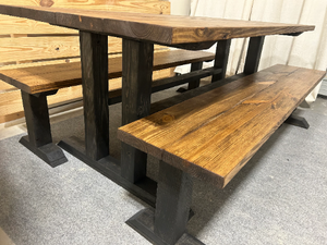 Trestle Style Farmhouse Table - Modern Provincial Brown with True Black - Wooden Dining Table with Benches