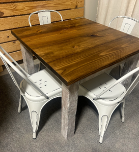 Square Farmhouse Table With Metal Chairs, Rustic Farmhouse Table Set, Provincial Brown Top, Small Dining Or Kitchen Table