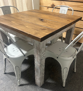 Square Farmhouse Table With Metal Chairs, Rustic Farmhouse Table Set, Provincial Brown Top, Small Dining Or Kitchen Table