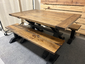 Modern Farmhouse Trestle Style Table Set - With Benches - Black Base with Provincial Brown Top - Dining and Kitchen Table