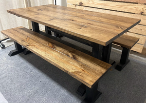 Trestle Style Farmhouse Table - Modern Provincial Brown with True Black - Wooden Dining Table with Benches