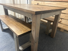 Load image into Gallery viewer, 5ft Rustic Farmhouse Dining Set with Benches - Provincial &amp; Classic Gray Finish - Real Wood Craftsmanship
