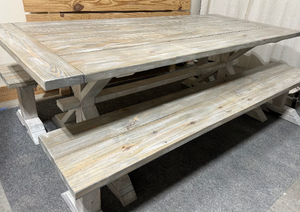 7ft Classic Pedestal Table With Benches (Distressed White, Gray White Wash)