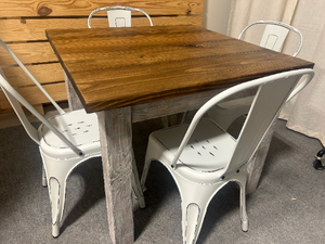 Square Farmhouse Table With Metal Chairs, Rustic Farmhouse Table Set, Provincial Brown Top, Small Dining Or Kitchen Table