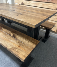 Load image into Gallery viewer, Trestle Style Farmhouse Table - Modern Provincial Brown with True Black - Wooden Dining Table with Benches
