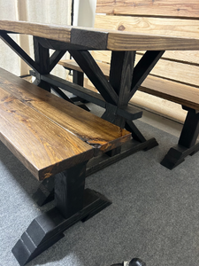 Modern Farmhouse Trestle Style Table Set - With Benches - Black Base with Provincial Brown Top - Dining and Kitchen Table