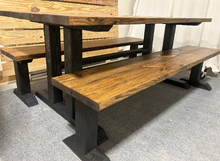 Load image into Gallery viewer, Trestle Style Farmhouse Table - Modern Provincial Brown with True Black - Wooden Dining Table with Benches
