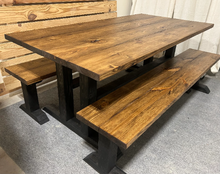 Load image into Gallery viewer, Trestle Style Farmhouse Table - Modern Provincial Brown with True Black - Wooden Dining Table with Benches
