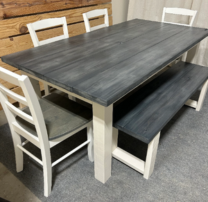 Dining Table Set with Chairs and a Bench - Carbon Gray White Wash - Antique White - Farmhouse Style Dining Table
