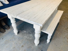 Load image into Gallery viewer, 7ft Chunky Turned Leg Farmhouse Table Set with Bench (Slightly Distressed White)
